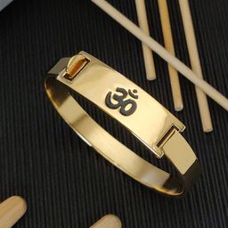 SZN Men Stainless Steel Gold-Plated Om Bangle-Style Bracelet-image-122