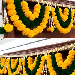SATVIK CREATIONS Green & Yellow Pom Pom Toran Festive Decor-picture-5