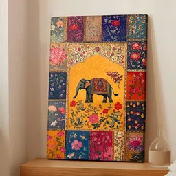 Art Street Yellow & Blue Elephant Indian Madhubani Canvas Wall Art-image-90