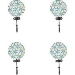 IndianShelf White & Green 4 Pieces Printed Ceramic Wall Hooks-8