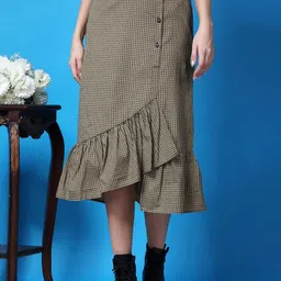 Popwings Women Checked Pure Cotton A-Line Midi Layered Frill Hem Skirt-image-11