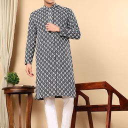 TATTVA Embroidered Mandarin Collar Straight Thread Work Pure Cotton Kurta With Pyjamas-picture-34