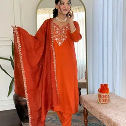 KAUTIK FABRICS Ethnic Motifs Embroidered Thread Work Straight Kurta With Pyjamas & Dupatta-picture-31