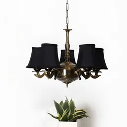 Devansh Black Round cotton shade with Antique Golden Chandelier Metal Ceiling Lamp-image-28