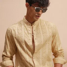 HIGHLANDER Self Design Mandarin Collar Long Sleeves Casual Jacquard Cotton Shirt-image-44