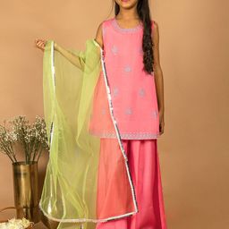KASYA Girls Ethnic Motifs Embroidered Regular Kurta with Palazzos & With Dupatta-image-5