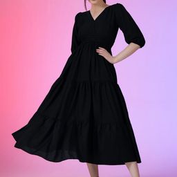 Jash Creation Women V-Neck Puff Sleeves Midi Fit & Flare Dress-image-16