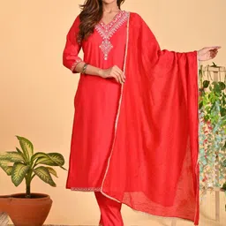 Anouk Women Ethnic Motifs Embroidered Cotton Kurta with Trouser & Dupatta-picture-56
