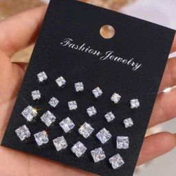 Shivarth Silver-Toned & Clear Pair Of 12 Stone Square Stud Earrings-image-27