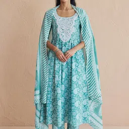 FIORRA Women Ethnic Motifs Embroidered Pure Cotton Anarkali Kurta with Trouser & Dupatta-picture-21