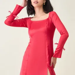 aayu Solid Satin Square Neck Tie-Ups Detail A-Line Mini Dress-image-67