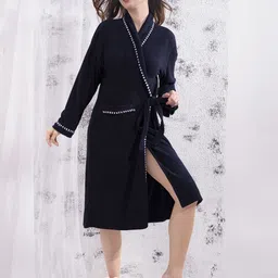 HotGown Navy Blue Bath Robe With  Front Pockets-image-10