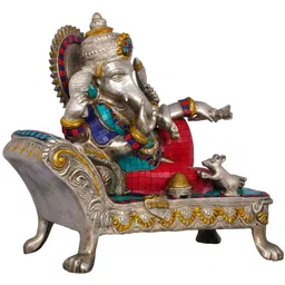 Exotic India Silver-Toned Ganesha Idol Relaxing on a Recliner Religious Idol Showpiece-image-28