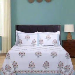 SHAHENAZ White & Green Floral Cotton 220 TC Queen Bedsheet with 2 Pillow Covers-image-83