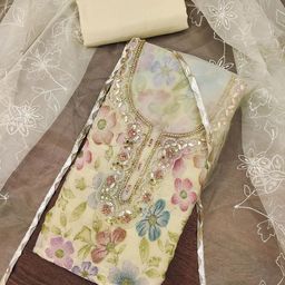 HERE&NOW Floral Embroidered Printed Beads & Stones Organza Unstitched Dress Material-image-82