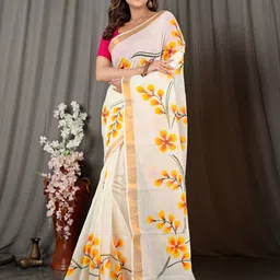 DipDiya Floral Zari Pure Cotton Handloom Taant Saree-image-58