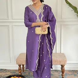 Rujave Women Woven Design Embroidered Thread Work Cotton Kurta Trousers & With Dupatta-picture-14