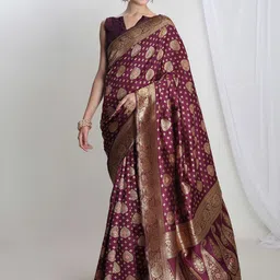 Janasya Ethnic Motifs Zari Woven Design Banarasi Saree with Blouse Piece-image-89