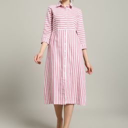 REBERRY Candy Stripes Belted Shirt Midi Dress-image-15