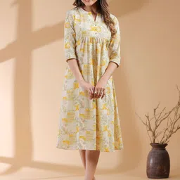 Janasya Ethnic Motifs Print Keyhole Neck A-Line Midi Dress-image-68