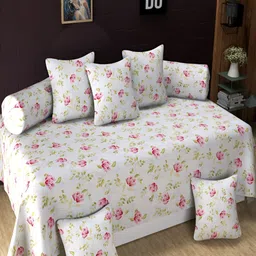 Aura White & Pink 8 Pieces Floral Printed 160 TC Diwan Set-27