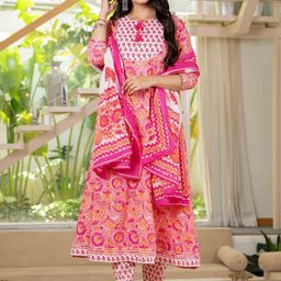 Pistaa Women Floral Printed Pure Cotton Kurta with Trousers & With Dupatta-picture-1