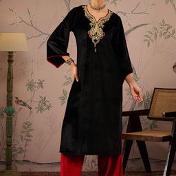 Shae by SASSAFRAS Quirky Embroidered Round Neck Three-Quarter Sleeves Regular Velvet Kurta-image-72