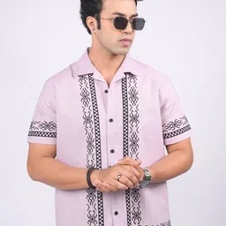 Eszett Men Geometric Printed Cuban Collar Pure Cotton Casual Shirt-image-18