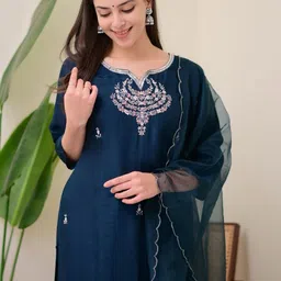 Brand Hill Embroidered Notch Neck Sequinned Kurta With Trousers & Dupatta-picture-39