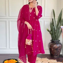 CHANDALIYO Women Embroidered Chanderi Silk Kurta with Trousers & With Dupatta-image-19
