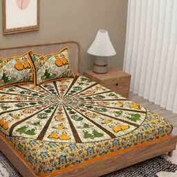 Lali Prints Orange & Green Ethnic Motifs 180 TC Queen Bedsheet with 2 Pillow Covers-image-50