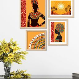ArtVibes Orange Coloured & Black 4 Pieces African Woman Art Printed Paintings Wall Art-17