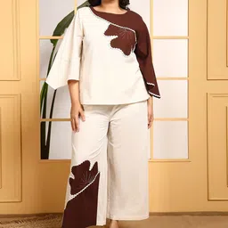 DEEBACO Embroidered Cotton Boat Neck Top With Trousers Co-Ords-46
