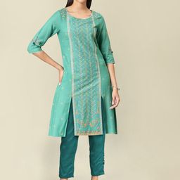 W Floral Printed Round Neck A-Line Kurta With Trousers-image-51