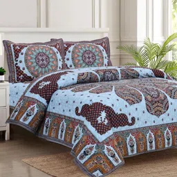 JAIPUR FABRIC Blue & Brown Ethnic Printed 280 TC Cotton King Bedsheet Set 2.54 m x 2.74 m-0