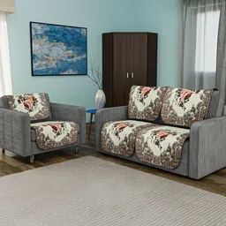 Kuber Industries Cream-Coloured & Pink Printed Velvet Sofa Cover-image-60