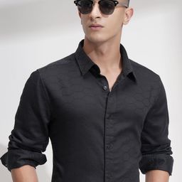 HIGHLANDER Men Comfort Relaxed Fit Textured Spread Collar Cotton Casual Shirt-image-26
