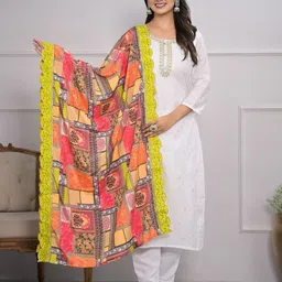 ODETTE Ethnic Motifs Embroidered Sequinned Straight Kurta with Trousers & Dupatta-image-67