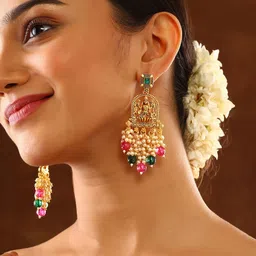 Priyaasi Gold Plated Stones Studded and Beaded Contemporary Drop Earrings-27