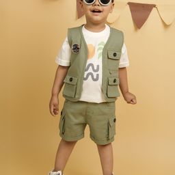 LITTLE COLLARS Boys Short Sleeves Pure Cotton T-shirt With Shorts & Waistcoat-image-54