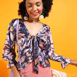 Popwings Women Floral Print Tie Up Neck Cuffed Sleeves Top-image-56