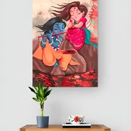 Tushaco Handicrafts Pink & Blue 1 Piece Radha Krishna Religious Canvas Wall Art-image-94