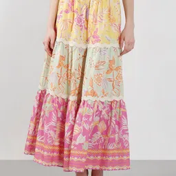 Vero Moda Floral Printed Pure Cotton Tiered Maxi Flared Skirt-image-56