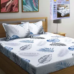 FABINALIV White & Blue Floral 300 TC King Bedsheet with 2 Pillow Covers-picture-37