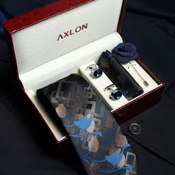 Axlon Men Geometric Tie, Cufflinks, Flower Pin & Pocket Square Accessory Gift Set-image-69