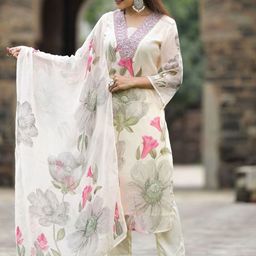 DIVASTRI Women Embroidered Regular Kurti with Trousers & With Dupatta image 3