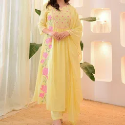 Brand Hill Floral Embroidered Notch Neck Thread Work A-Line Kurta With Trousers & Dupatta-picture-23