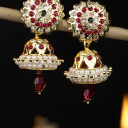 Subham Jewellers Gold-Plated Cubic Zirconia Studded & Beaded Dome Shaped Jhumkas-24