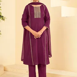 Laxmipati Floral Embroidered Sequinned Round Neck A-Line Kurta With Trousers & Dupatta-image-44