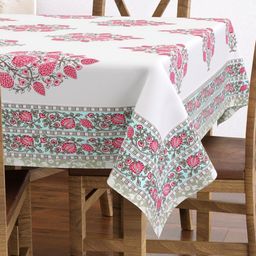 Texstylers White & Pink Floral Printed Anti-Slip Cotton 6-Seater Table Cover-image-81